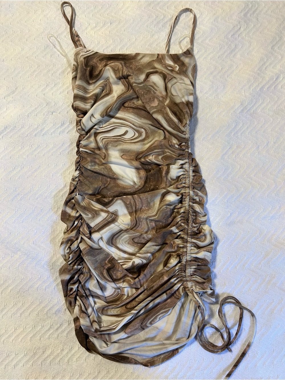 Ruched Marble-Print Slip Dress in Brown and Cream